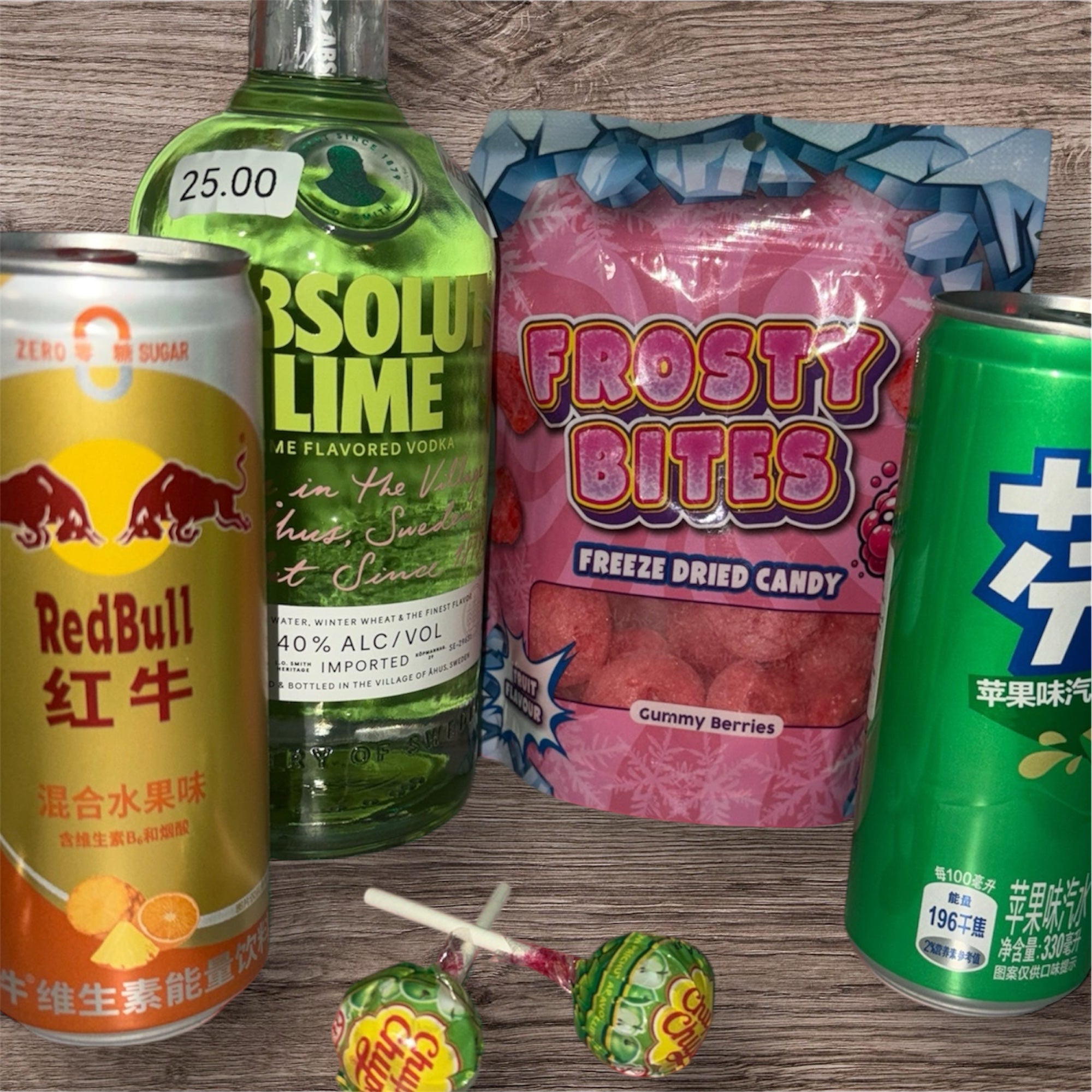 Bundle Candy🍬 (Absolut Lime 70cl, Fanta China Apple, Redbull China Fruits, Frosty Bites Berry, 2x Chupa Chups Apple