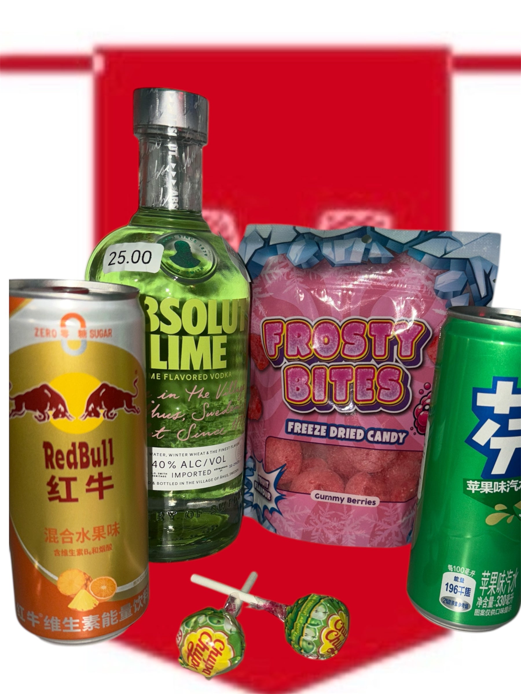 Bundle Candy🍬 (Absolut Lime 70cl, Fanta China Apple, Redbull China Fruits, Frosty Bites Berry, 2x Chupa Chups Apple